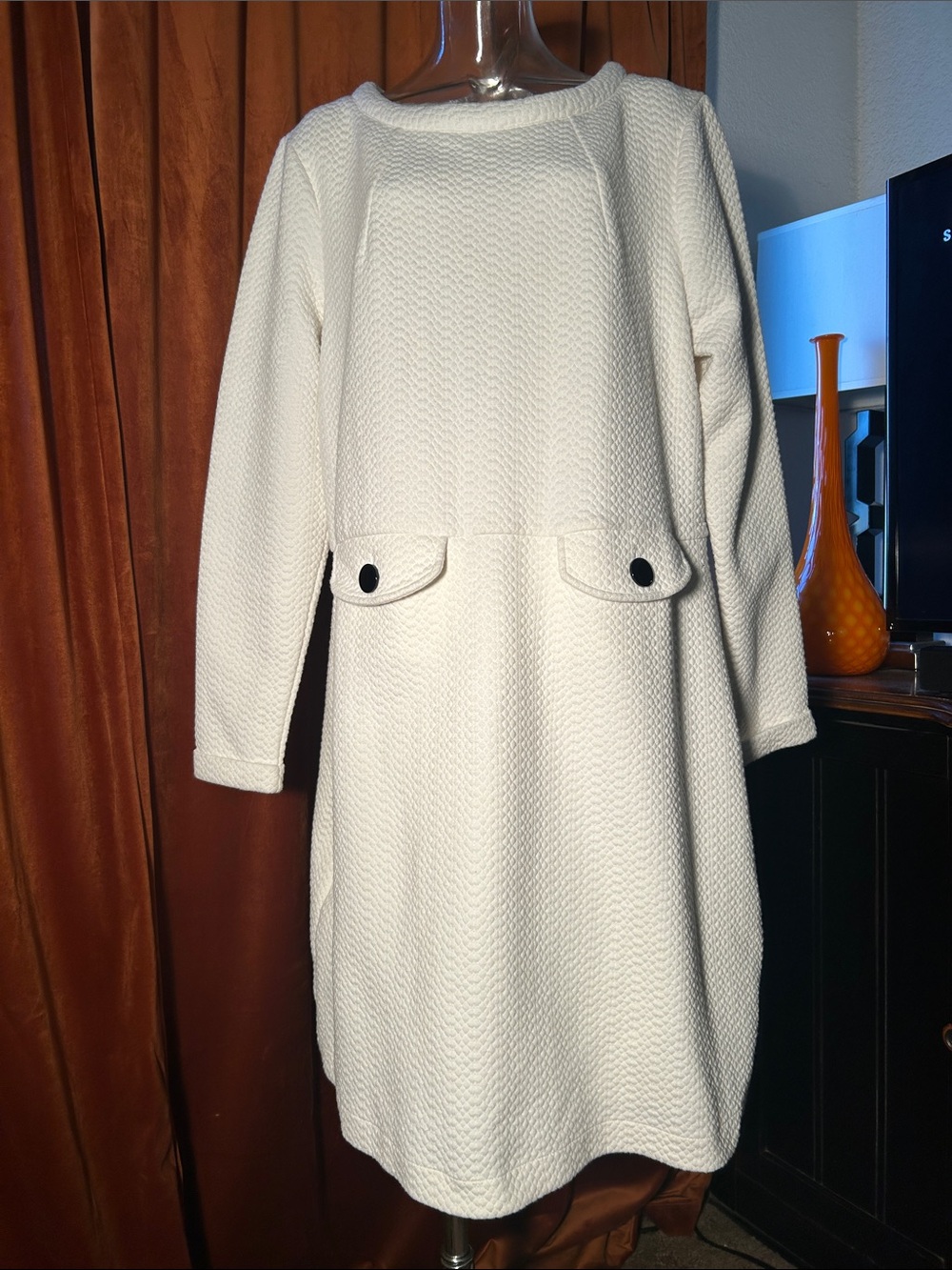 Boden Cream Textured Long-Sleeve Shift Dress